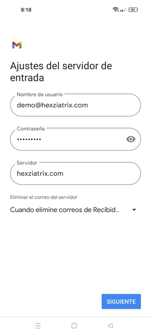 Introduzca Nombre de usuario y la dirección de servidor entrante. Seleccione SIGUIENTE