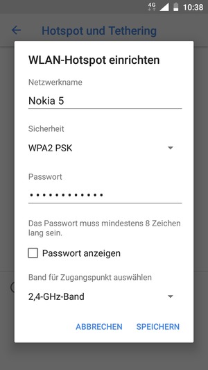Geben Sie eine WLAN-Hotspot-Passwort mit mindestens 8 Zeichen ein und wählen Sie SPEICHERN