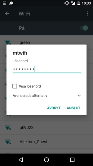 Ange lösenord till Wi-Fi och välj ANSLUT