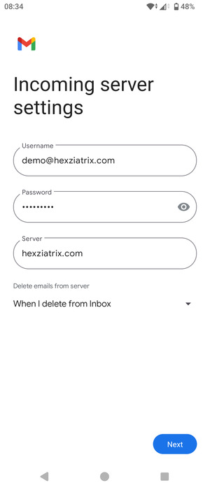Enter Username and Incoming server address. Select Next