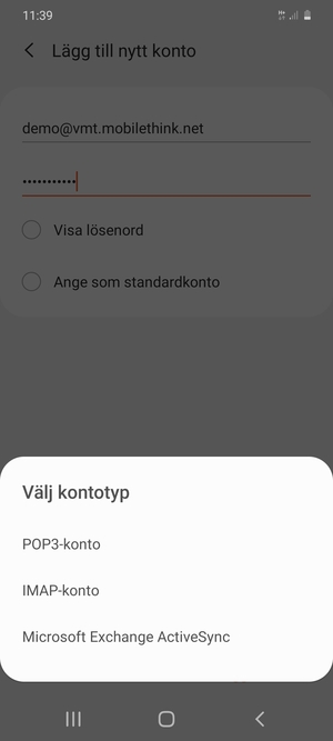 Välj POP3-konto eller IMAP-konto