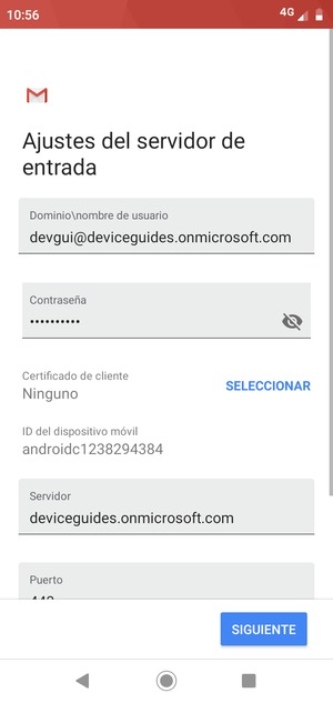Introduzca Nombre de usuario y la dirección de servidor Exchange. Seleccione SIGUIENTE
