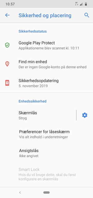 For at aktivere din skærmlås, gå til menuen Sikkerhed og placering og vælg Skærmlås