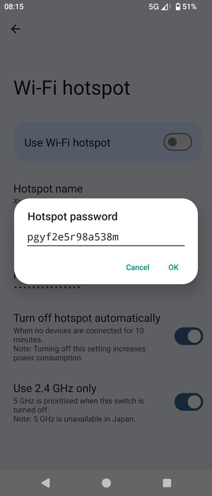 Enter a Wi-Fi hotspot password of at least 8 characters and select OK