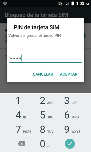 Confirme su nuevo PIN de tarjeta SIM y seleccione ACEPTAR