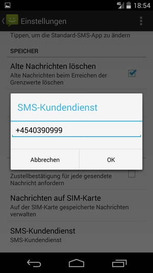 Geben Sie die SMS-Kundendienst Nummer ein und wählen Sie OK