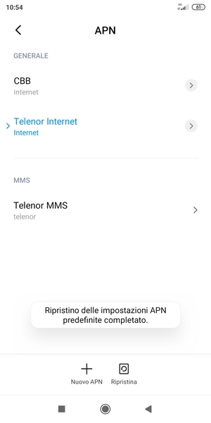 Le impostazioni del tuo telefono saranno ripristinate secondo le impostazioni internet e MMS predefinite