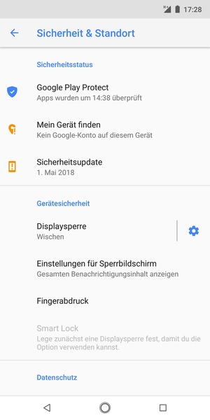 Um Ihre Bildschirmsperre zu aktivieren, gehen Sie zum Sicherheit & Standort Menü und wählen Sie  Displaysperre