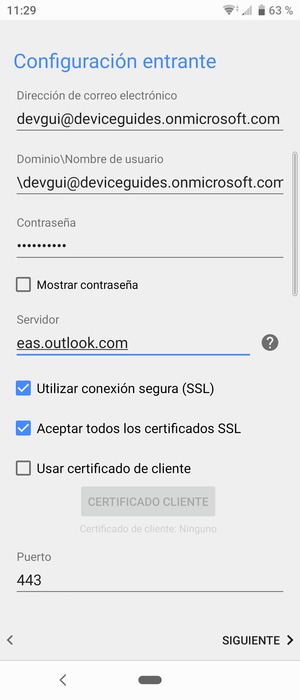 Introduzca Nombre de usuario y la dirección de servidor Exchange. Seleccione SIGUIENTE