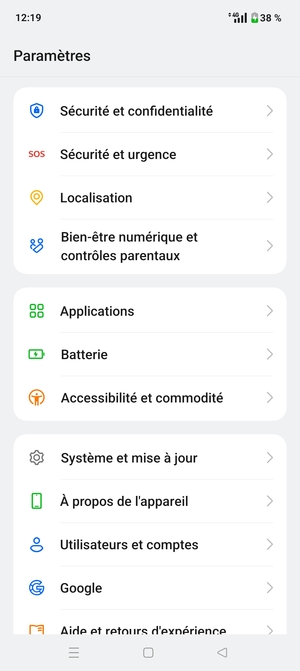 Faites défiler et sélectionnez Sécurité et confidentialité
