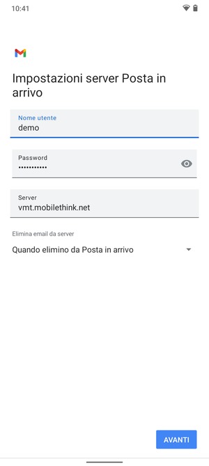 Inserisci Nome utente e l'indirizzo del server di posta in arrivo. Seleziona AVANTI