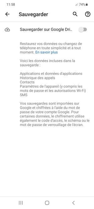 Activer le Sauvegarder sur Google Drive