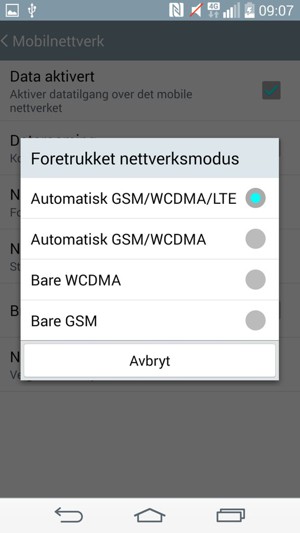 Velg Bare GSM for å aktivere 2G