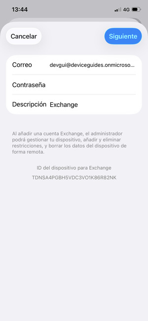 Introduzca su Información de correo electrónico Exchange y seleccione Siguiente