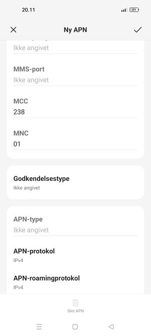 Scroll ned og indtast internet-oplysninger
