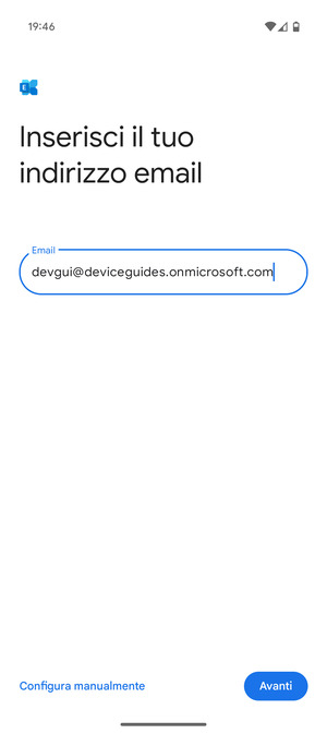 Inserisci il tuo indirizzo email e seleziona Configura manualmente