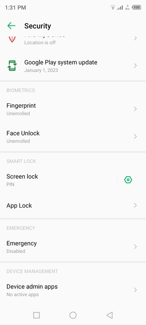 To activate your screen lock, return to the Security menu and select Screen lock