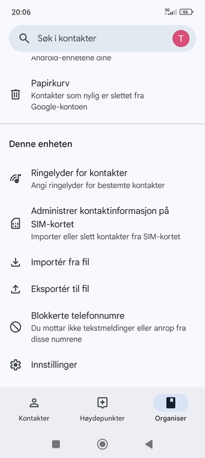 Bla til og velg Administrer kontaktinformasjon på SIM-kortet
