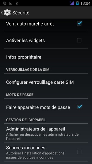 Pour modifier le code PIN de la carte SIM, retournez dans le menu Sécurité et sélectionnez Configurer verrouillage carte SIM