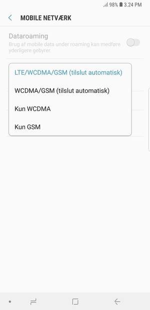 Vælg Kun GSM for at aktivere 2G