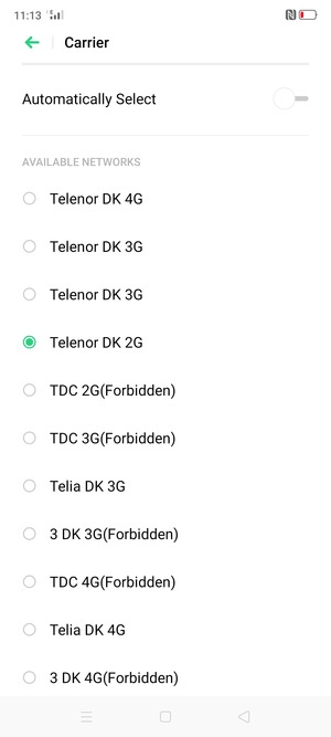Select a network operator from the list