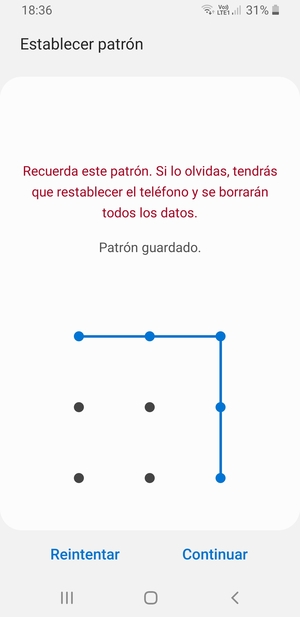 Dibuje un patrón de desbloqueo y seleccione Continuar