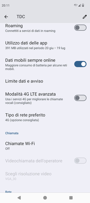 Scorri e seleziona Tipo di rete preferito