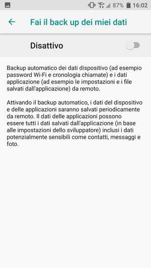 Attiva Fai il back up dei miei dati