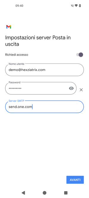 Inserisci l'indirizzo del server di posta in uscita e seleziona AVANTI