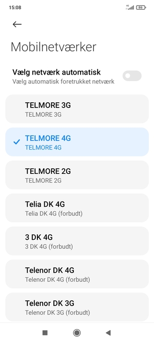 Vælg en netværksudbyder fra listen