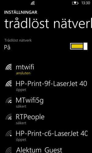 Du är nu ansluten till Wi-Fi nätverket