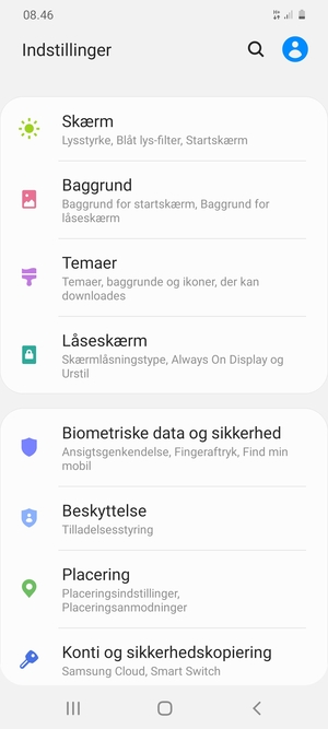 Scroll til og vælg Biometriske data og sikkerhed