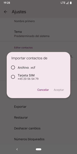 Seleccione Tarjeta SIM y Aceptar