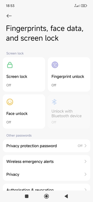 To activate your screen lock, return to the Fingerprints, face data, and screen lock menu and select Screen lock