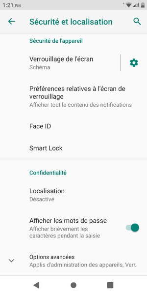 Pour modifier le code PIN de la carte SIM, faites défiler et sélectionnez Options avancées