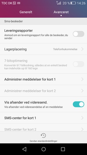 Vælg SMS-center for kort 1 eller SMS-center for kort 2