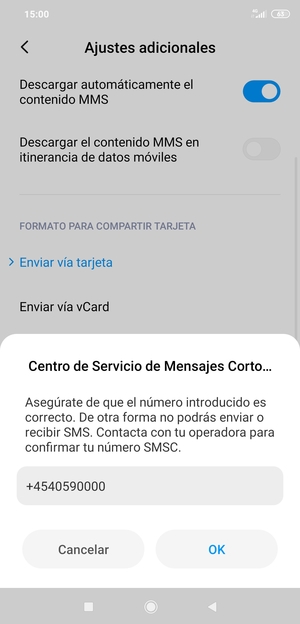Introduzca el número de Centro de Servicio de Mensajes Cortos (SMSC) y seleccione OK