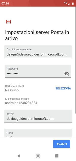Inserisci Nome utente e l'indirizzo del server Exchange. Seleziona AVANTI