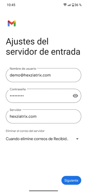 Introduzca Nombre de usuario y la dirección de servidor entrante. Seleccione Siguiente