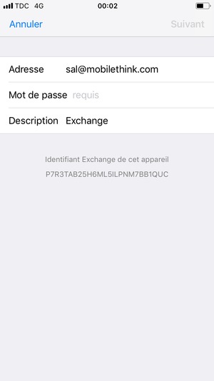Saisissez vos informations de messagerie Exchange et sélectionnez Suivant