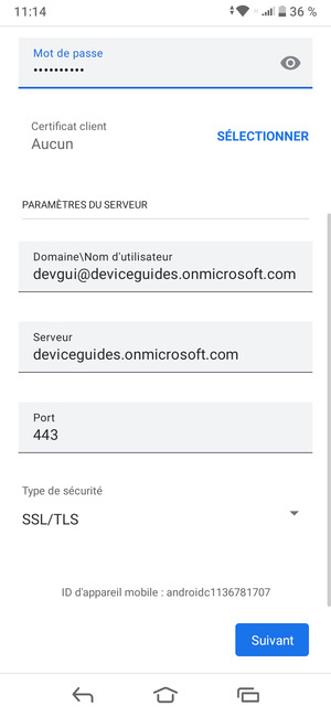 Saisissez votre Nom d'utilisateur et l'adresse du serveur Exchange. Sélectionnez Suivant