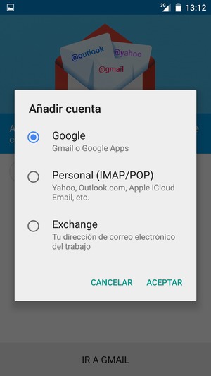 Seleccione Google y ACEPTAR