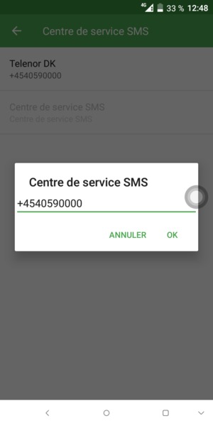 Saisissez le numéro du Centre de service SMS et sélectionnez OK