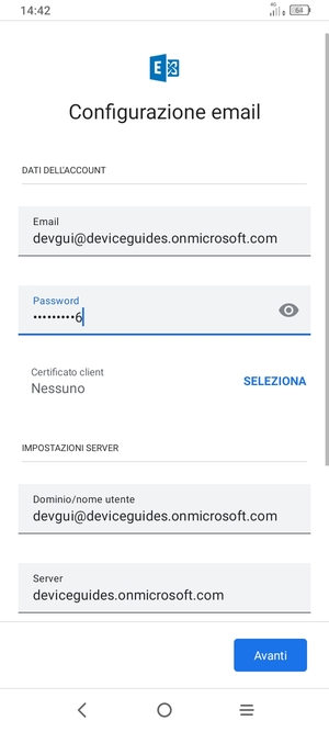 Inserisci Nome utente e l'indirizzo del server Exchange. Seleziona Avanti