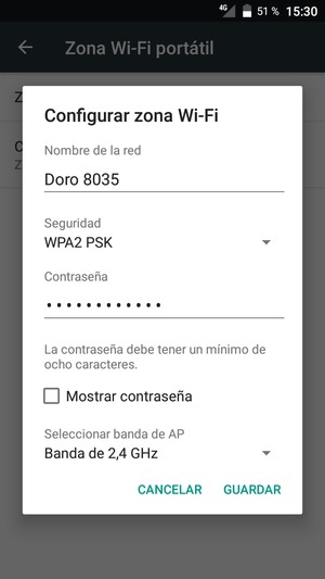 Introduzca una contraseña de punto de acceso Wi-Fi de al menos 8 caracteres y seleccione GUARDAR