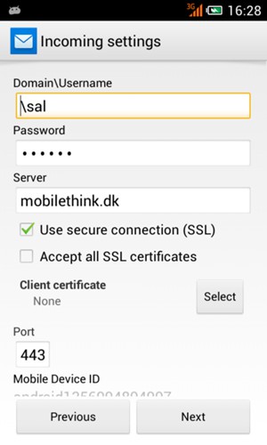 Enter Username and Exchange Server address. Select Next