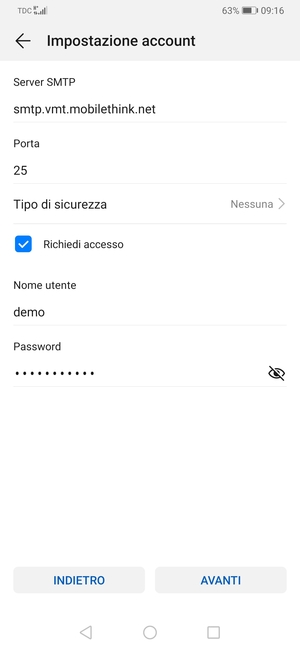 Inserisci l'indirizzo del server di posta in uscita
