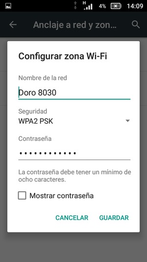 Introduzca una contraseña de punto de acceso Wi-Fi de al menos 8 caracteres y seleccione GUARDAR