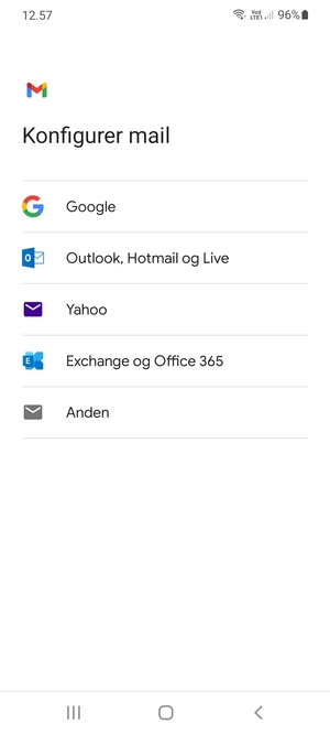Vælg Exchange og Office 365