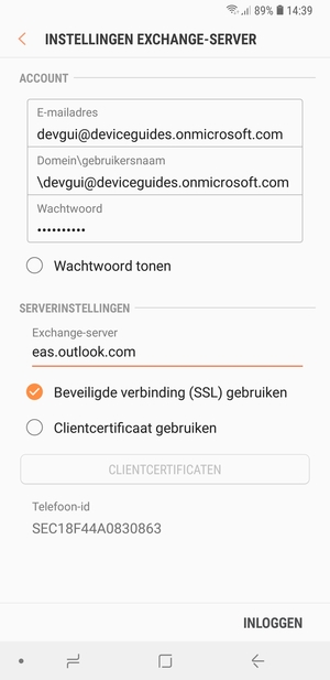 Voer Gebruikersnaam en Exchange serveradres in. Selecteer INLOGGEN